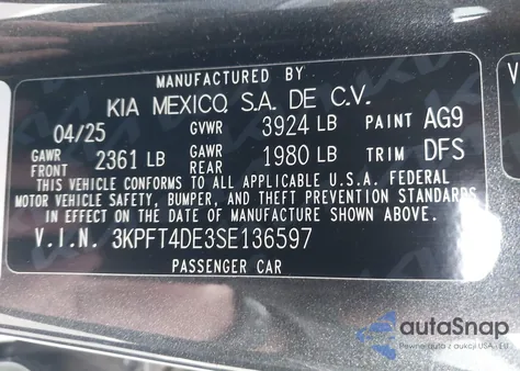 2025 Kia K4 Lx из США, поврежденный, VIN 3KPFT4DE3SE136597